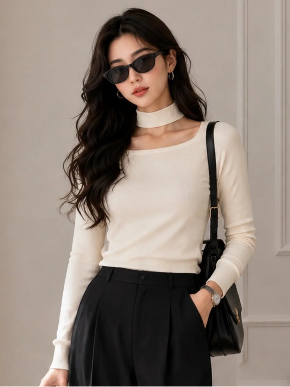 Women’s Ivory Square Neck Long Sleeve Top with Choker Detail